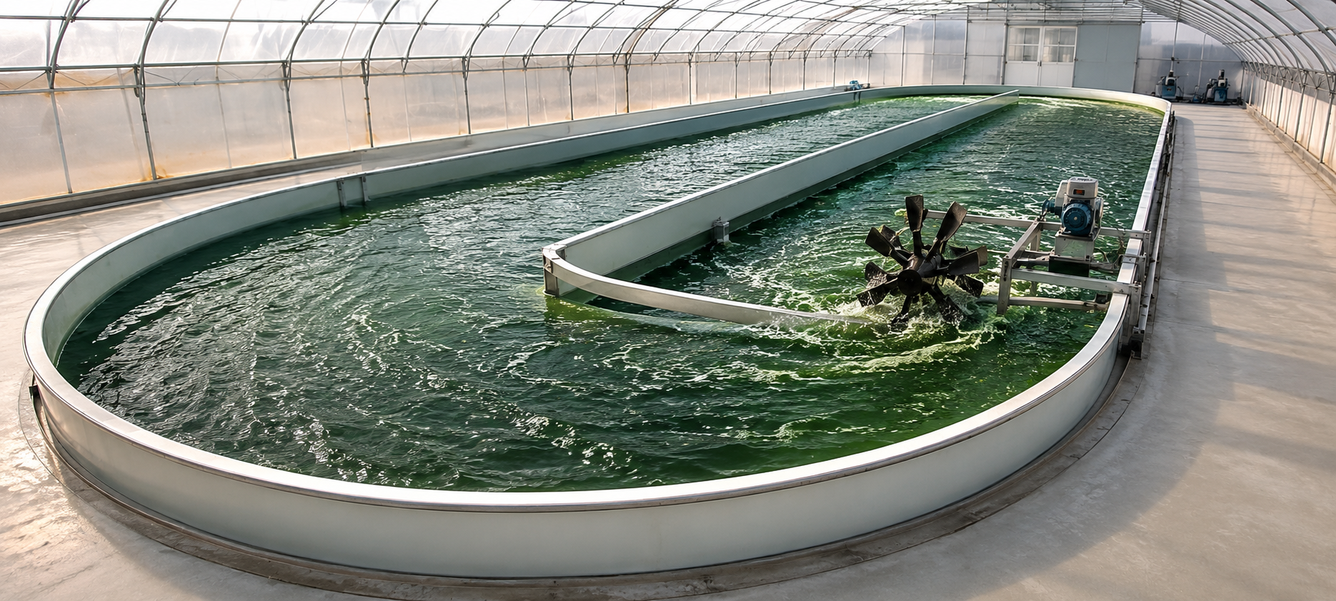 Bể nuôi tảo xoắn spirulina dạng raceway trong nhà màng, có guồng khuấy